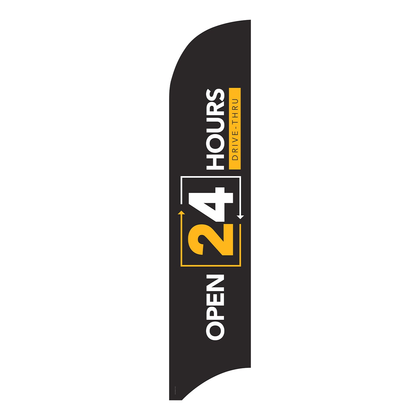 black, yellow, and white 24-hour drive thru blade flag white background