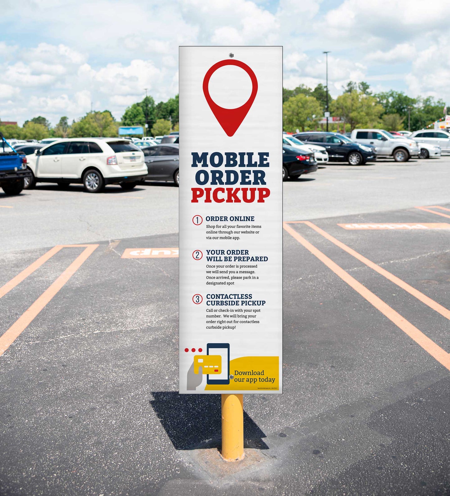 Mobile order pickup sign in a parking lot with cars in the background