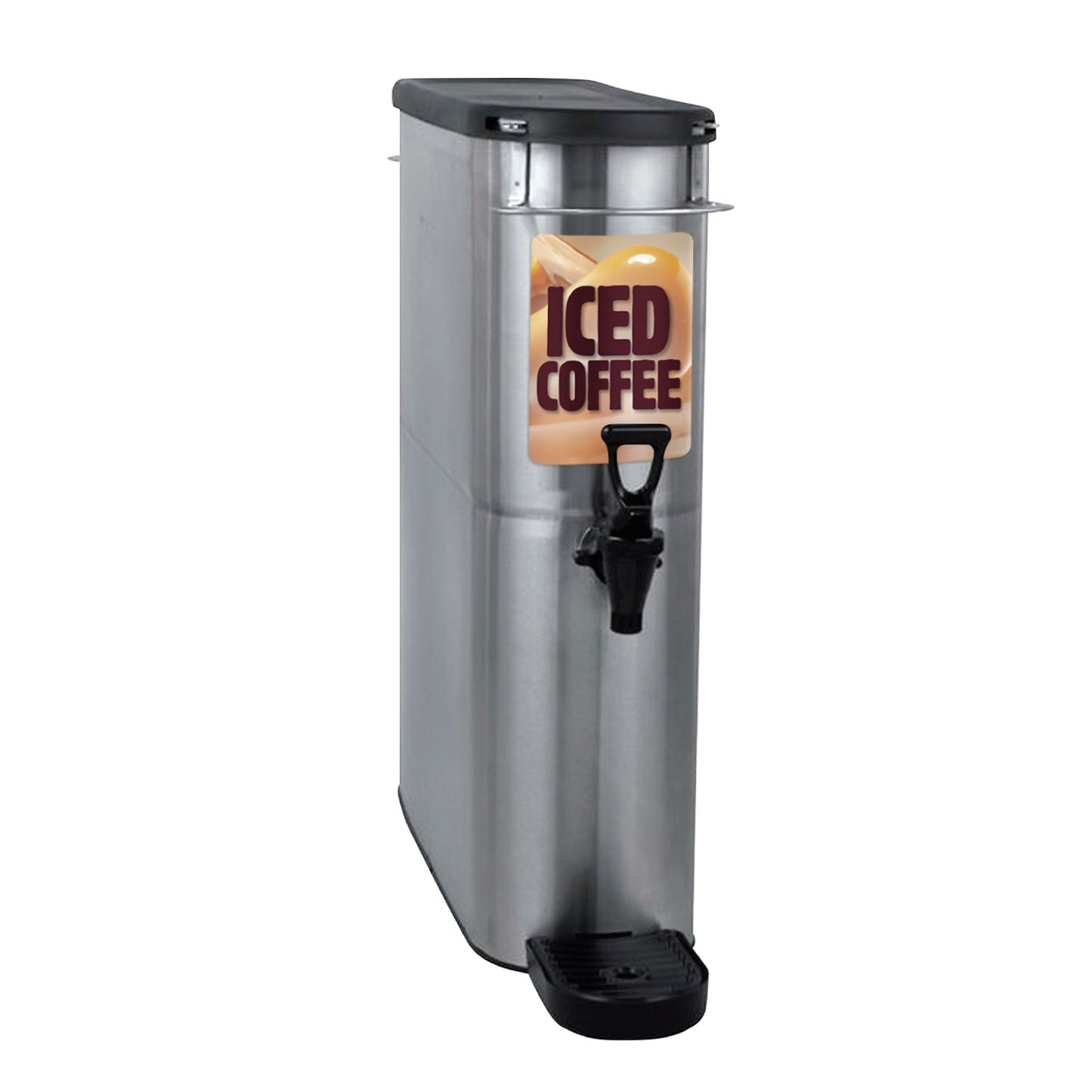 A decal with the text 'ICED COFFEE' and a coffee cup graphic, designed for use on a canister.