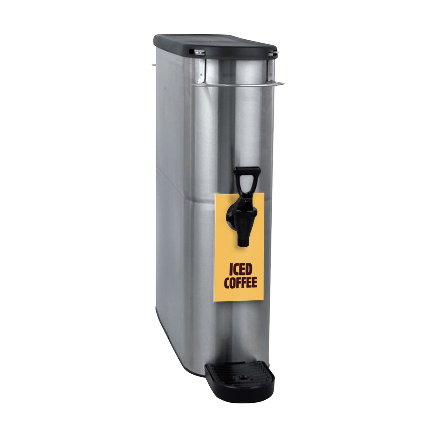 A canister of iced coffee with a cream-colored label hanger that has the text 'ICED COFFEE' in bold brown letters.