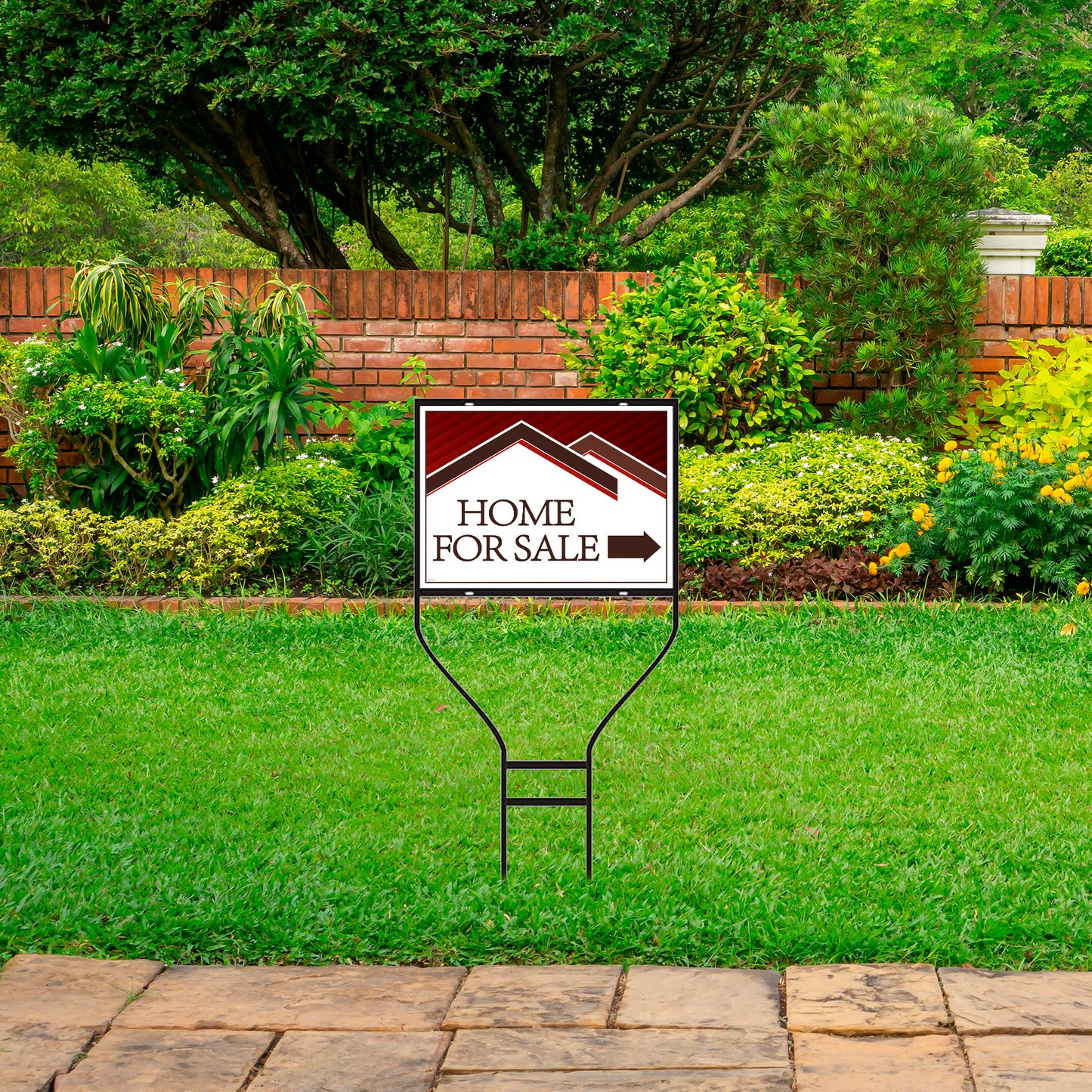 Maroon and white home for sale with arrow lawn sign in garden