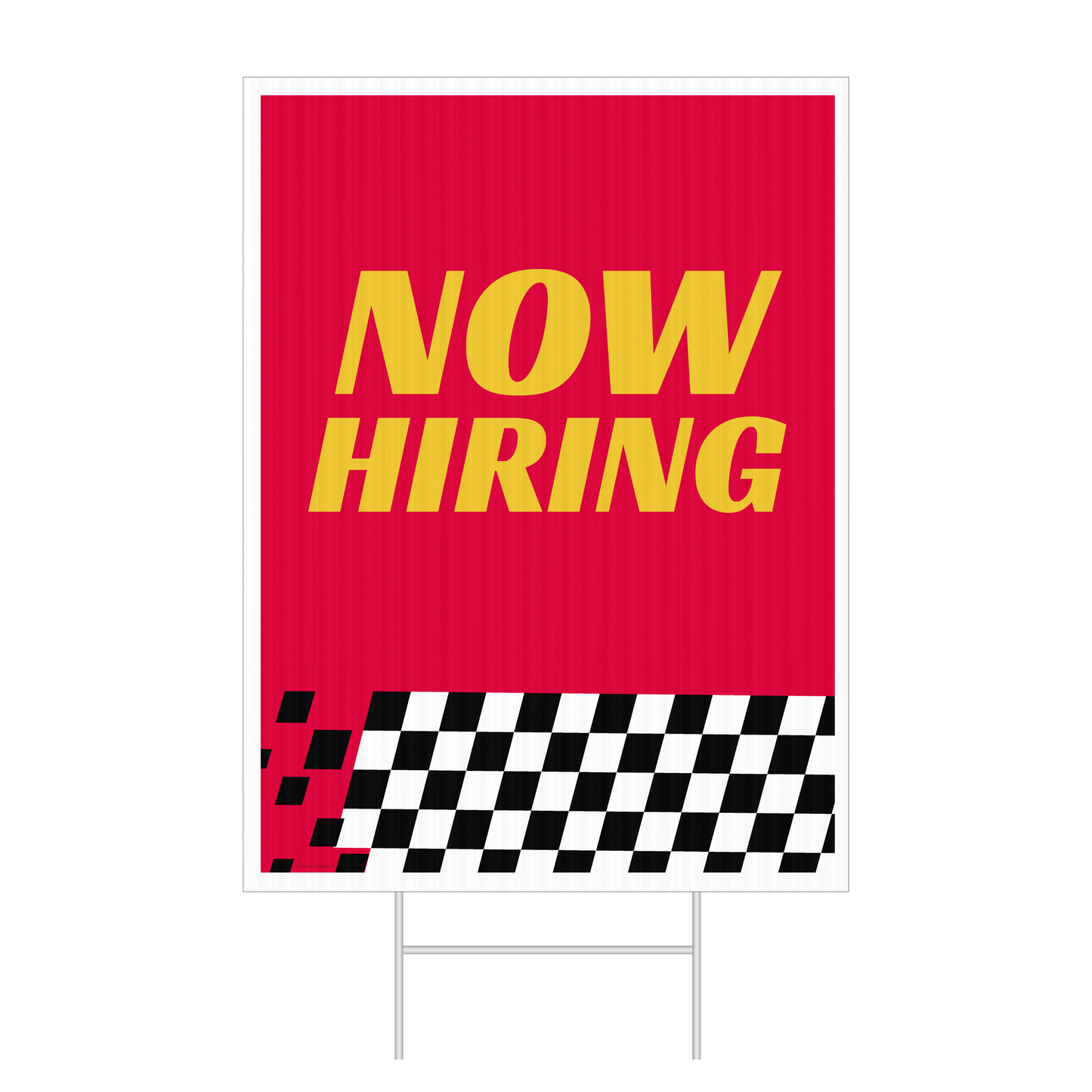 Red sign with 'NOW HIRING' in yellow text and a black and white checkered pattern at the bottom.