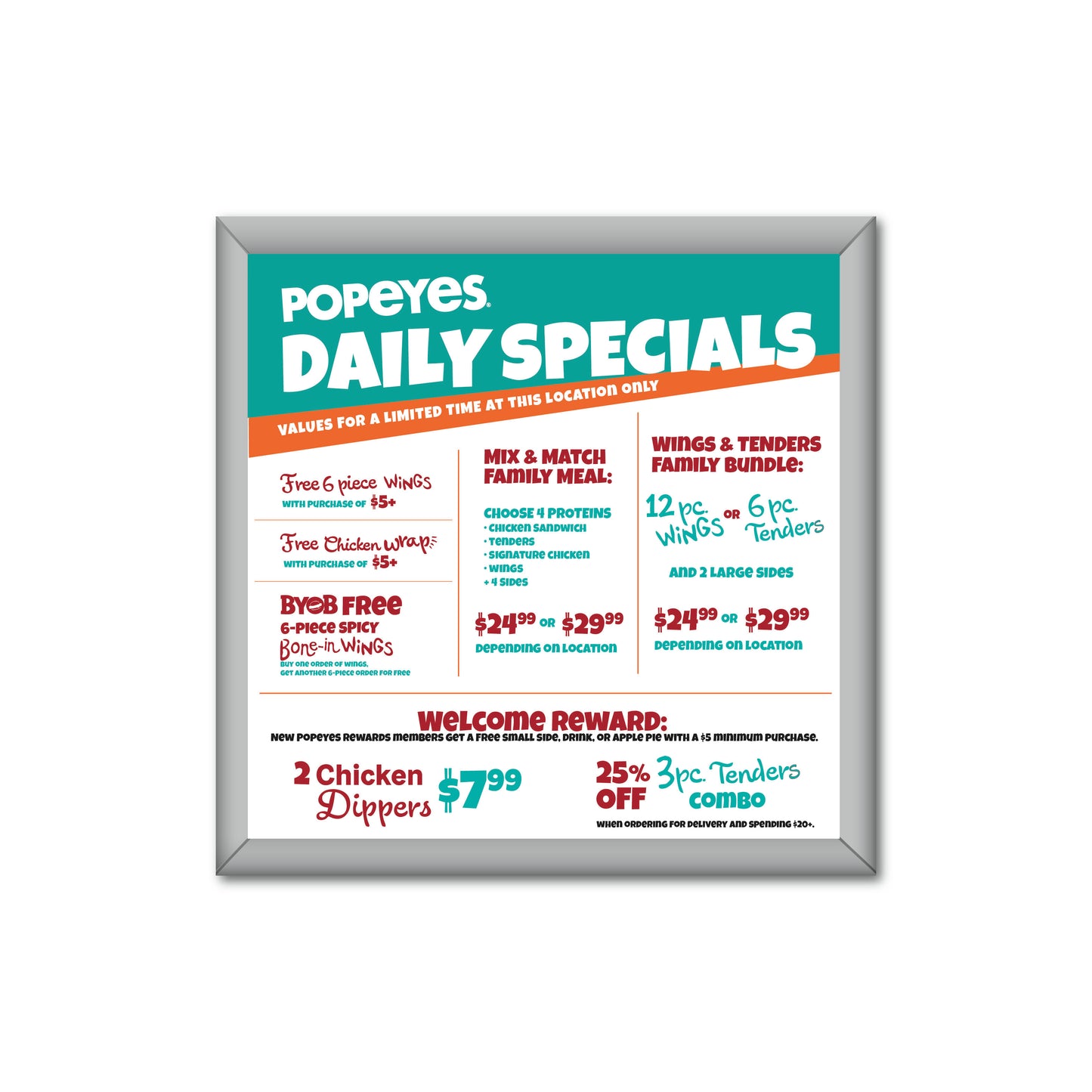 Daily Specials - Popeyes - Mini Billboard Insert - 4 Ft. X 4 Ft.