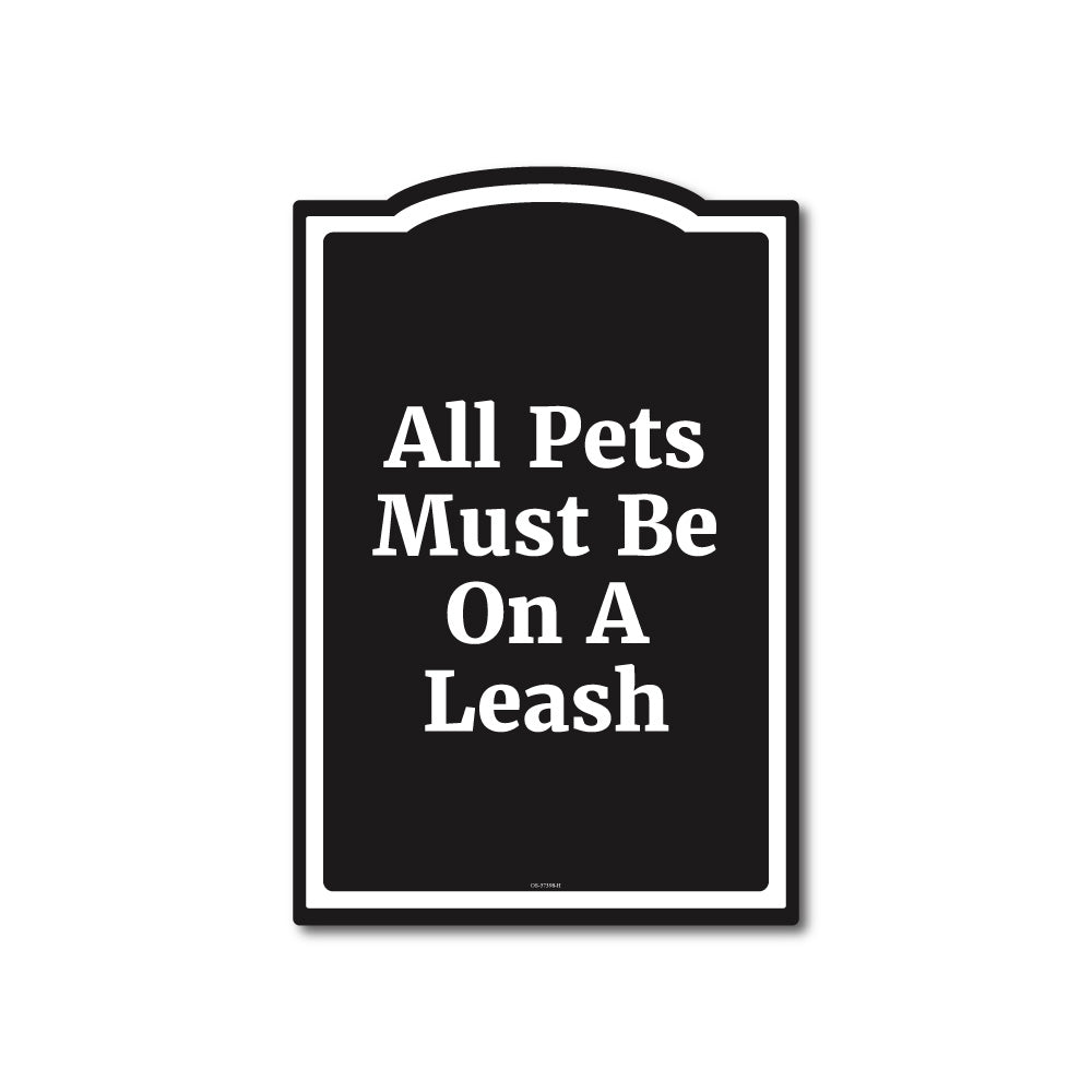 Black parking sign with white text 'all pets must be on a leash'