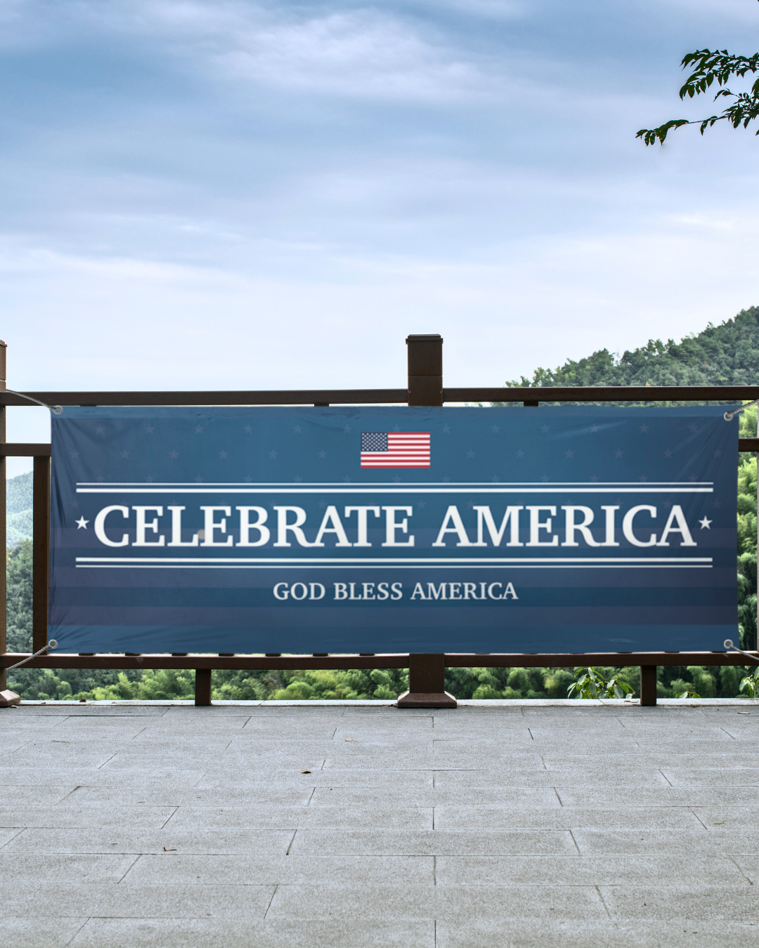 red white and blue celebrate america god bless america banner on fence with mountains background