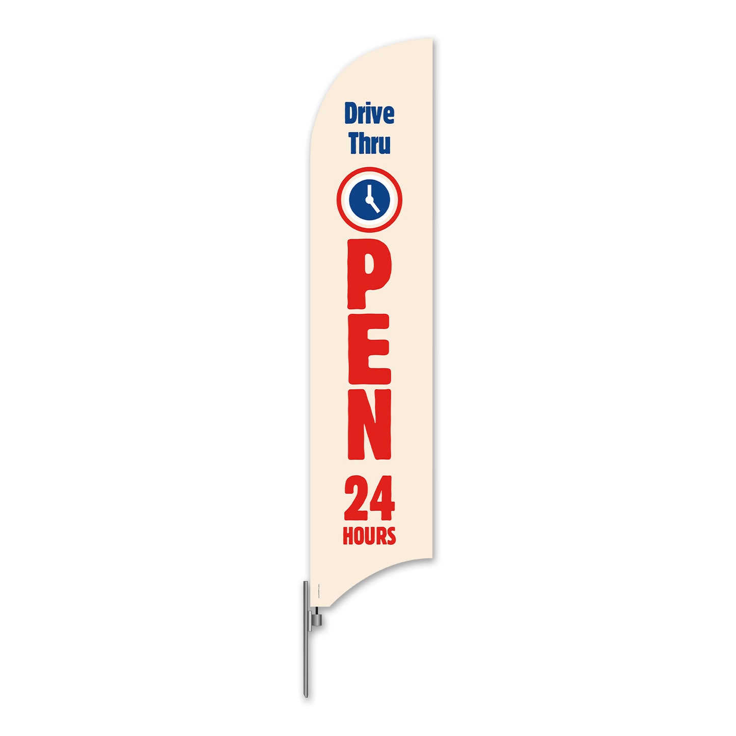 A blade flag with a white background and red and blue text that reads 'DRIVE THRU OPEN 24 HRS' along with a blue circle symbol.