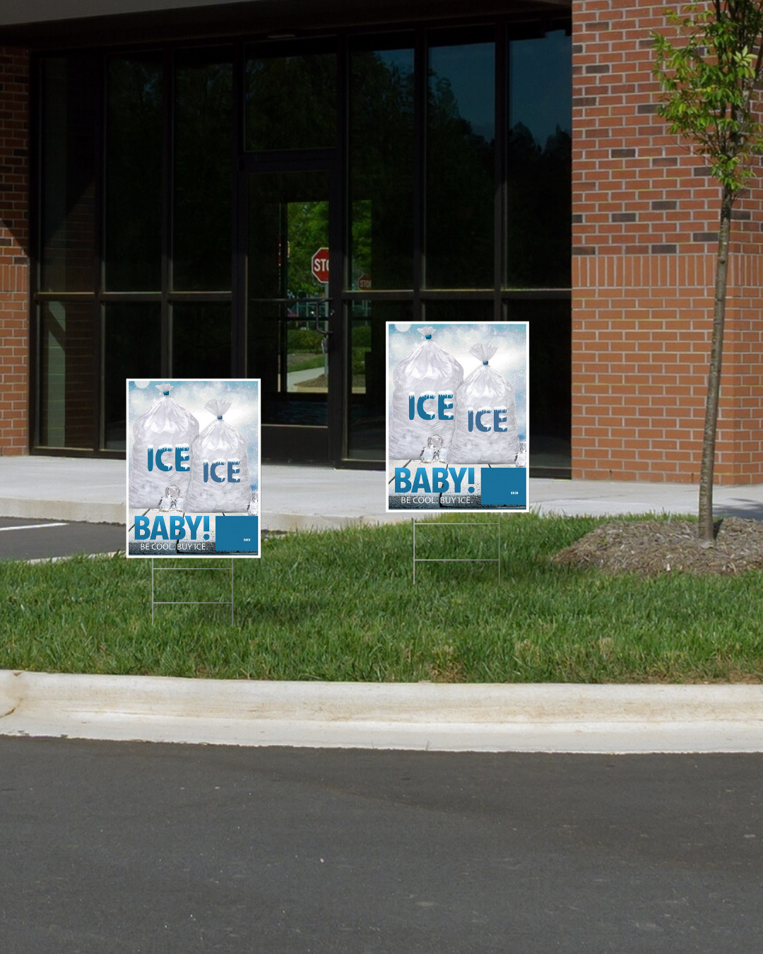two blue and white ice available lawn signs in front of building