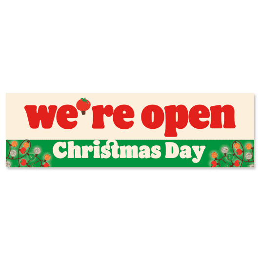 green and red with festive design banner stating "we are open christmas day" with a white background