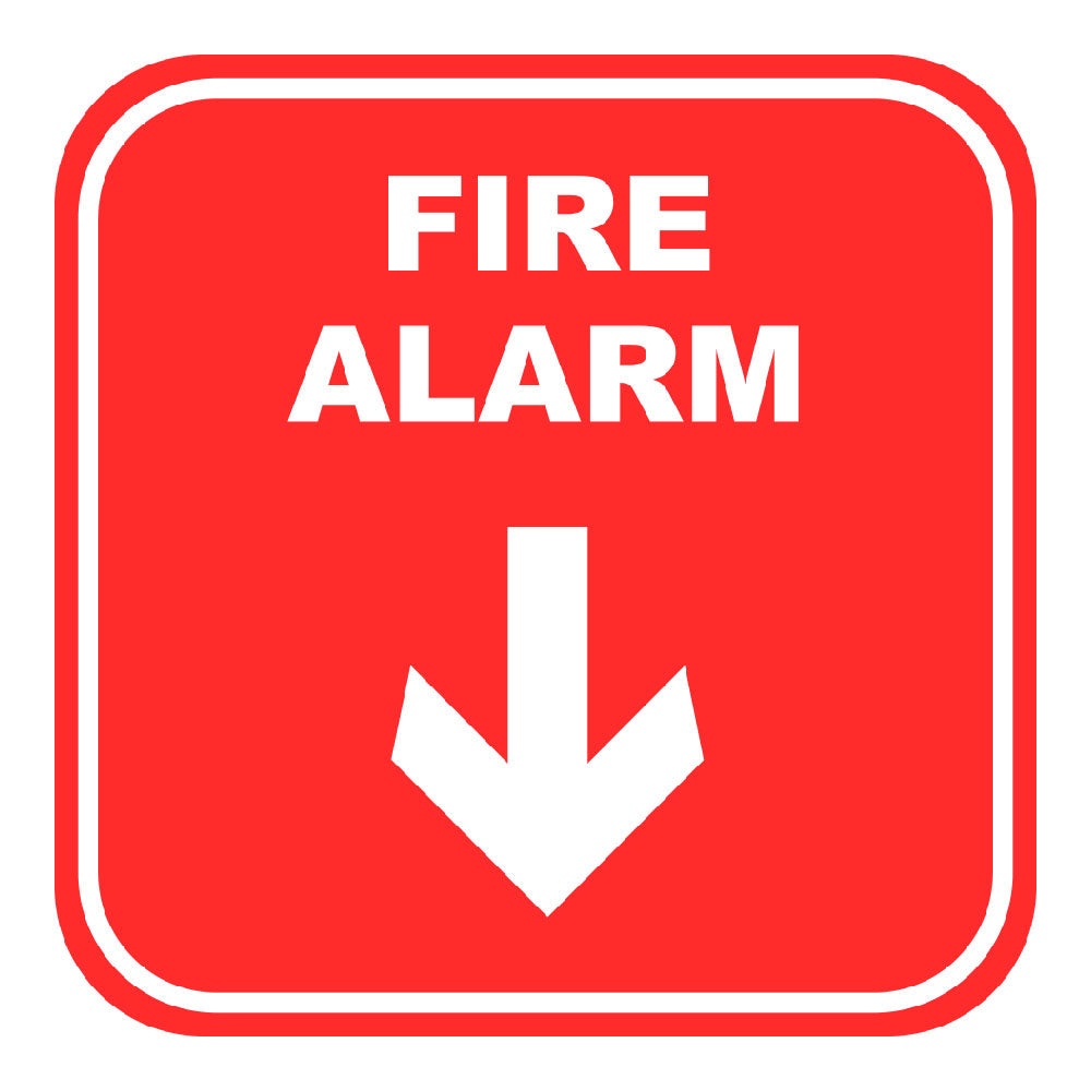 red and white fire alarm arrow pointing down