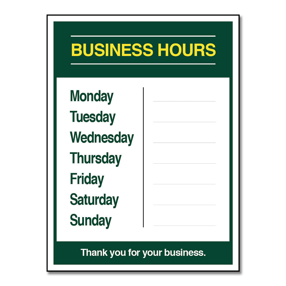 Business Hours with Numbers Sheet - Decal - 9 In. X 12 In.