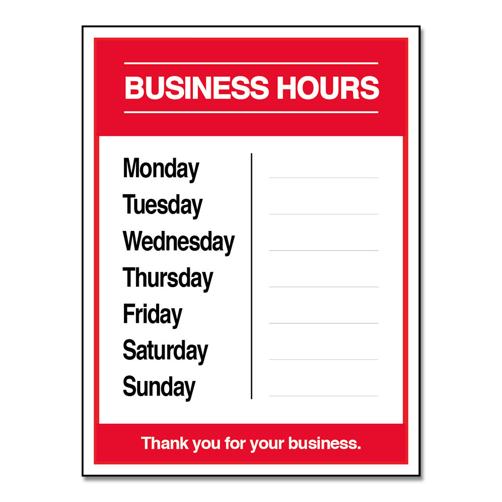 Business Hours with Numbers Sheet - Decal - 9 In. X 12 In.