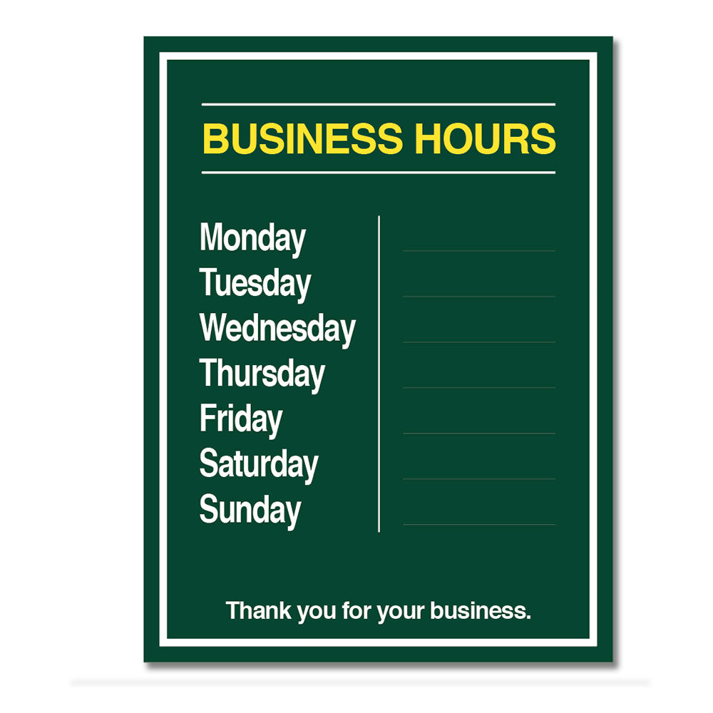 Business Hours with Numbers Sheet - Decal - 9 In. X 12 In.