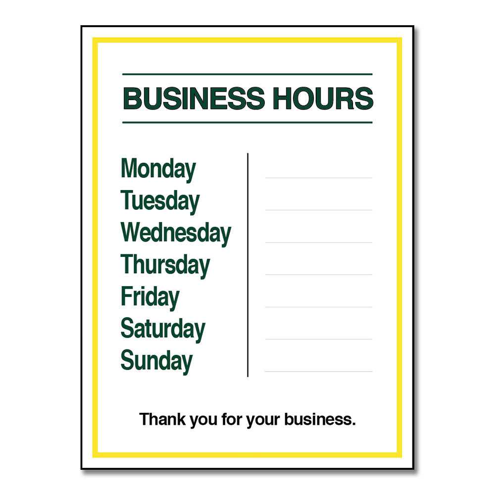 Business Hours with Numbers Sheet - Decal - 9 In. X 12 In.