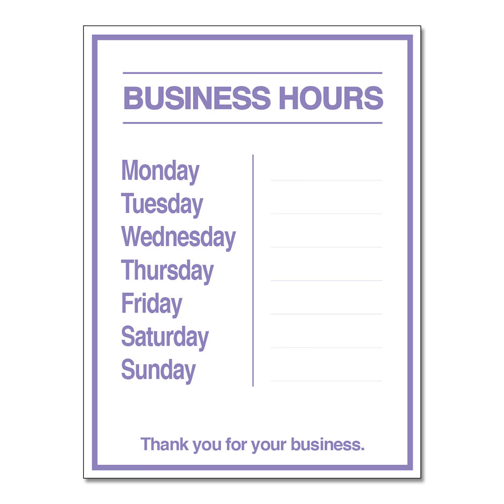 Business Hours with Numbers Sheet - Clear Decal - 9 In. X 12 In.