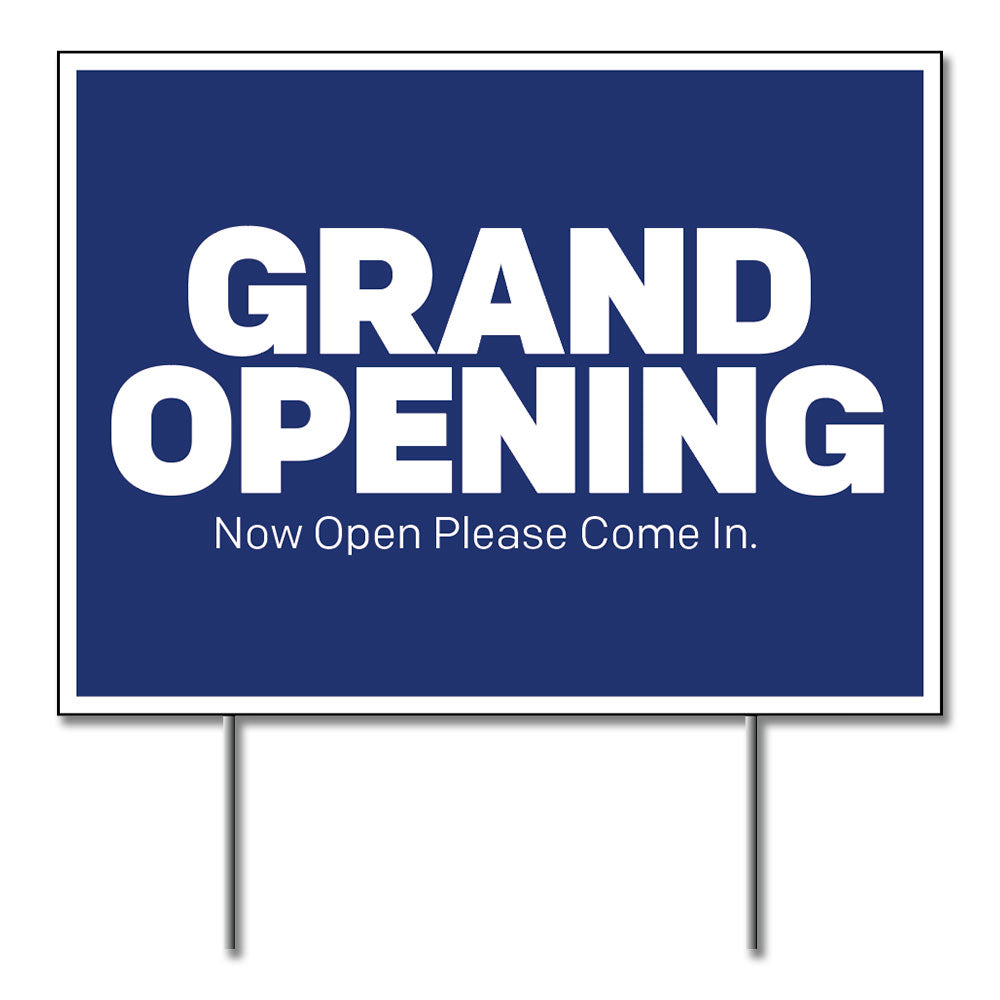 Blue and white grand opening lawn sign