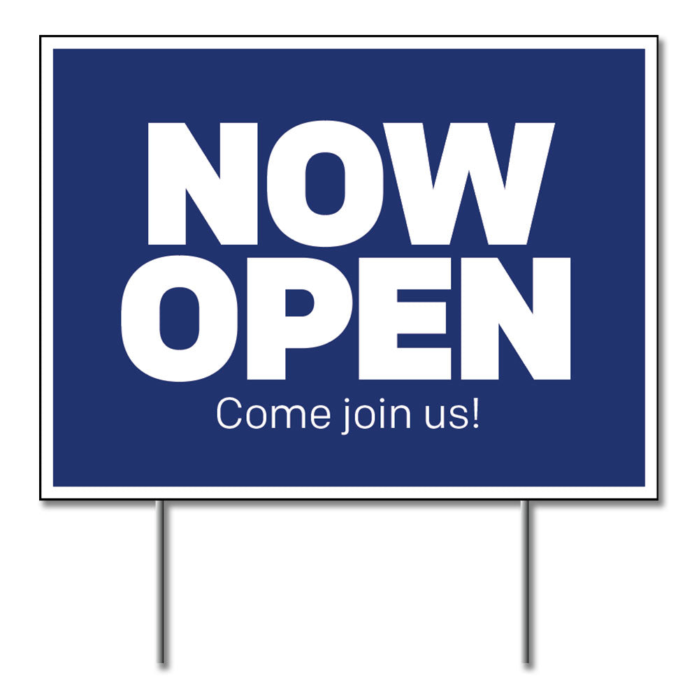 Blue and white now open lawn sign