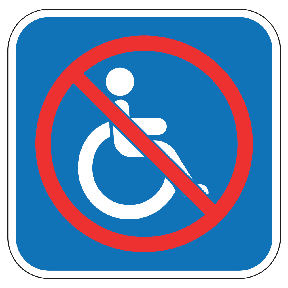 Blue and White handicap logo with red circle and diagonal line to indicate not handicap accessible