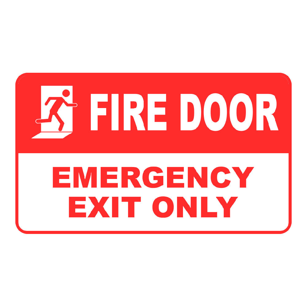 Red and white fire door emergency exit only sign