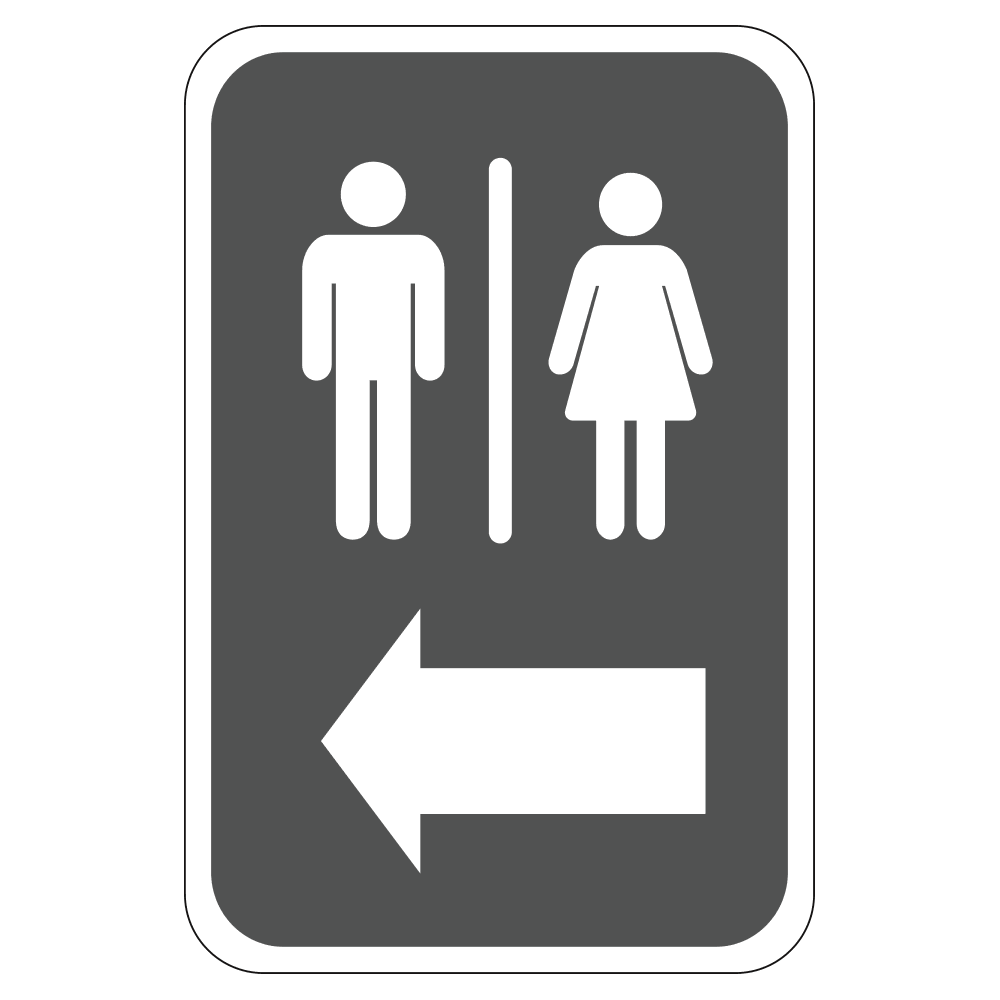Gray and white man and woman figure with left arrow design for restroom sign