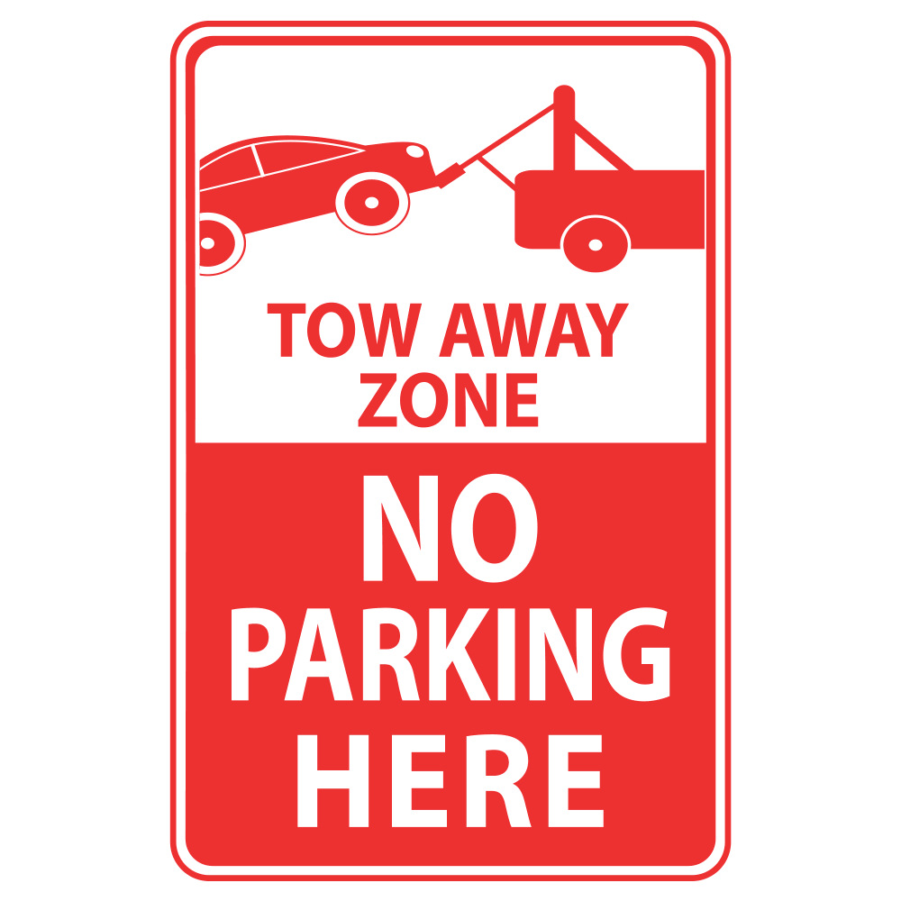 A red and white 'NO PARKING HERE' sign with an illustration of a car being towed on the back.