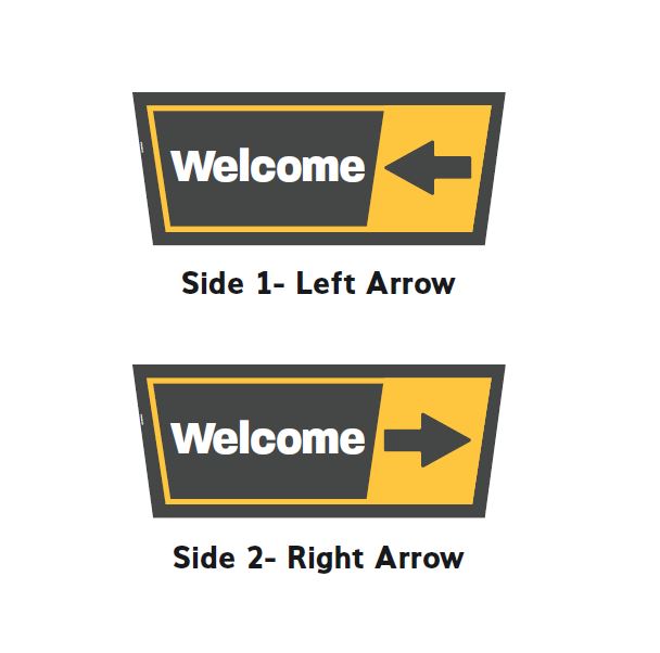Welcome with arrow Ingress backlit sign with grey background and white text