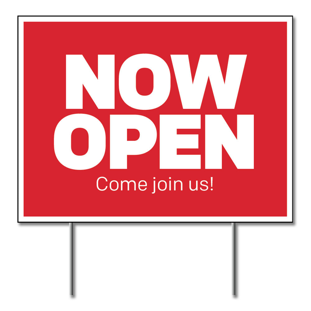 Red and white now open lawn sign design