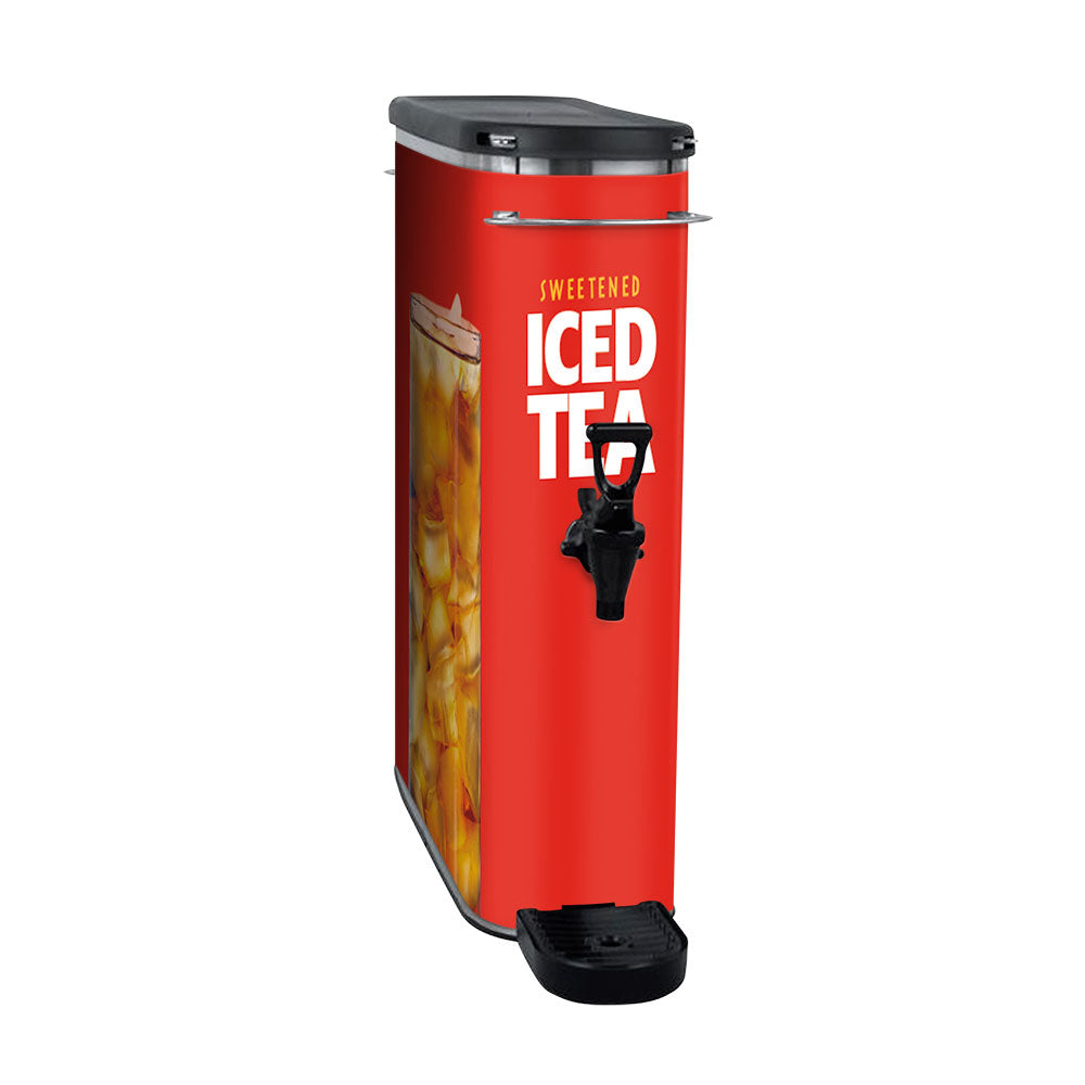 A red sweet tea canister wrap designed to fit BUNN Model TDO-N-3.5, with a visible tap and label that reads 'SWEETENED ICED TEA'.