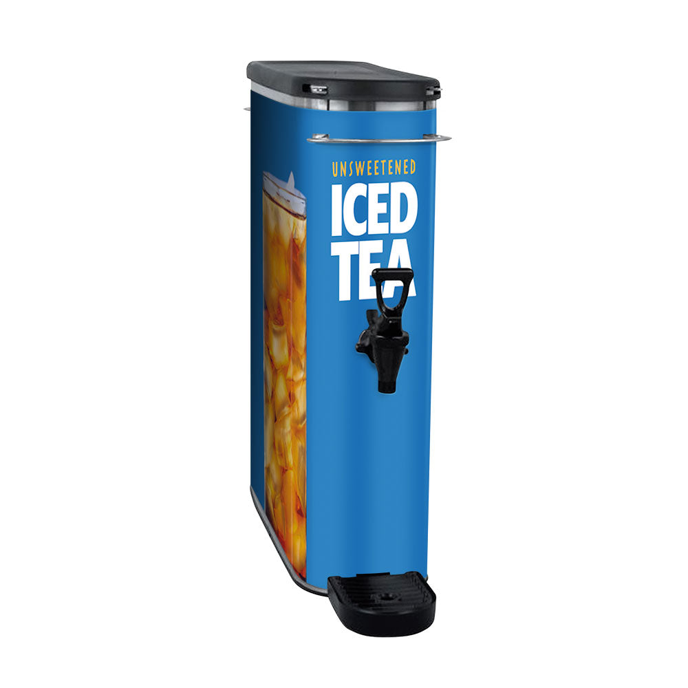 A blue canister wrap labeled 'UNSWEETENED ICED TEA' with a picture of a glass of tea and a tap at the front designed for BUNN TDO Model 3.5