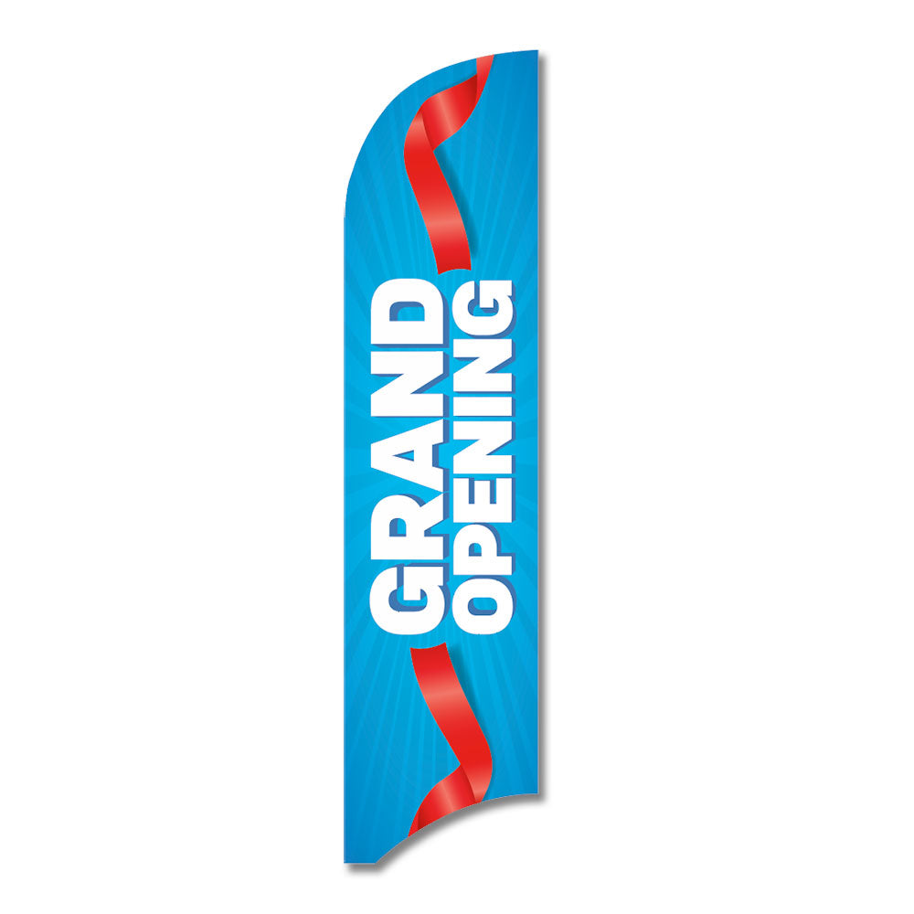 red, white, and blue grand opening blade flag with red ribbon design with white background