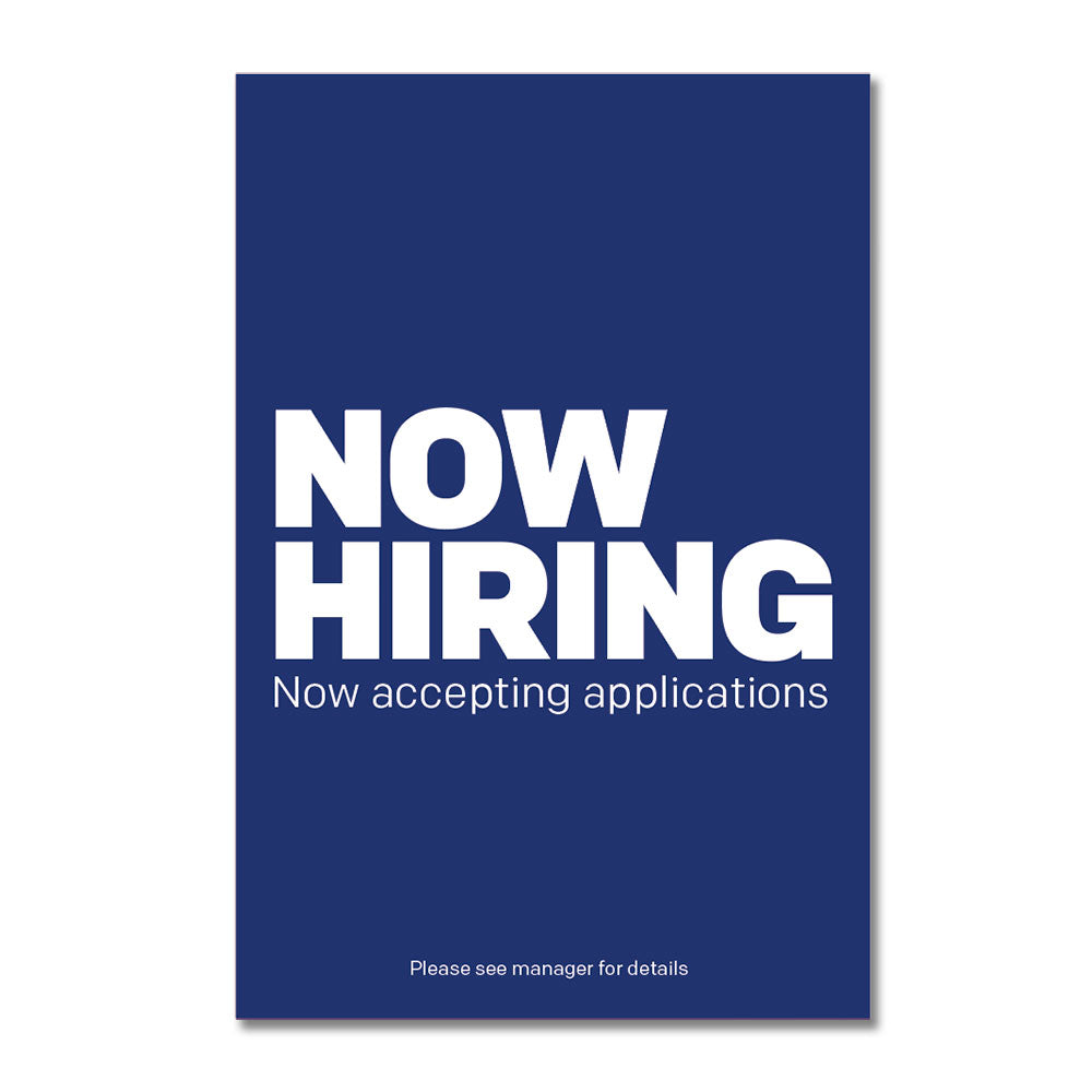 Blue and white now hiring poster