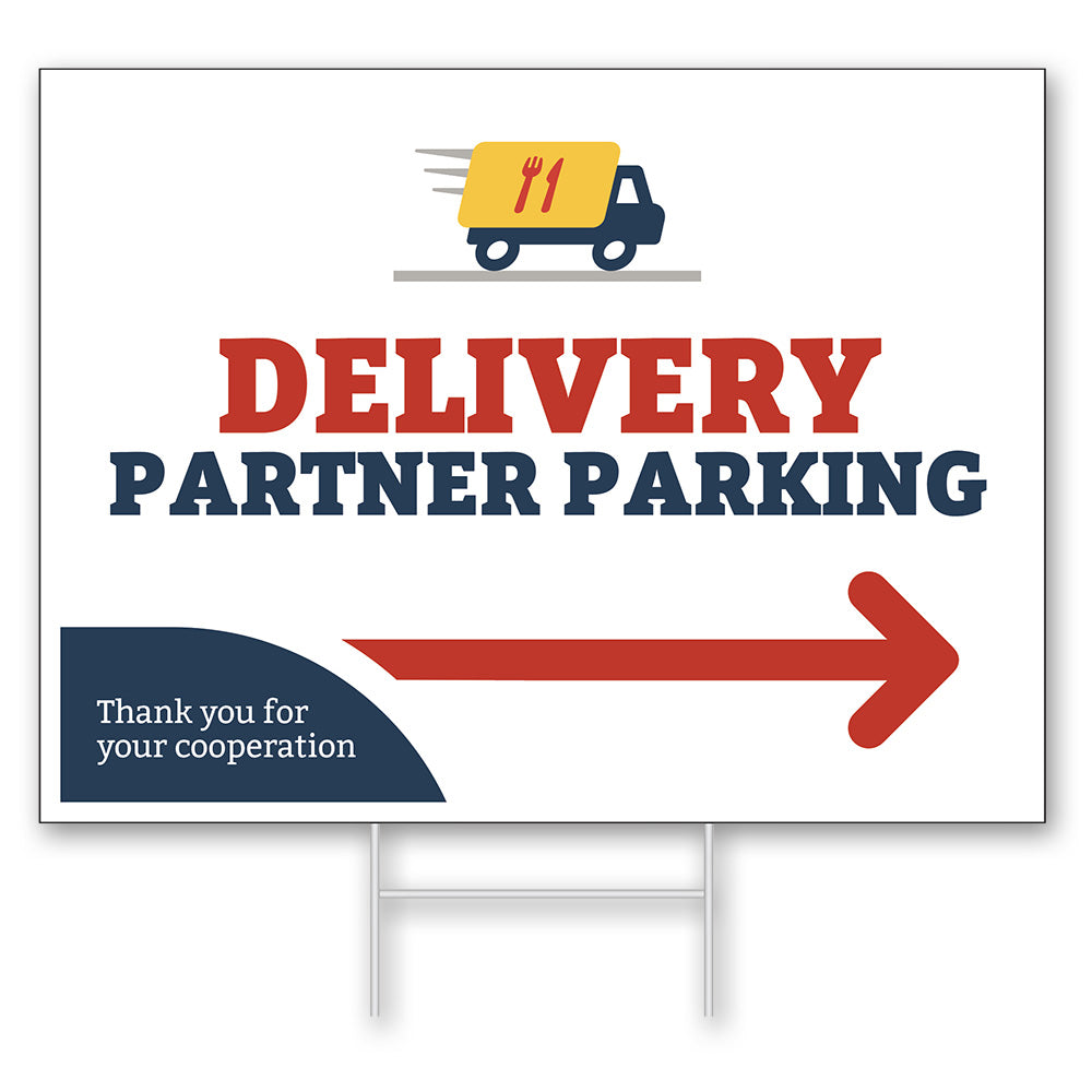 Red navy yellow and white delivery partner parking right arrow lawn sign
