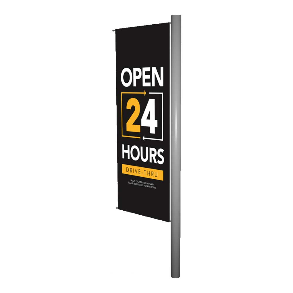 Drive thru open 24 hours black yellow and white gateway banner