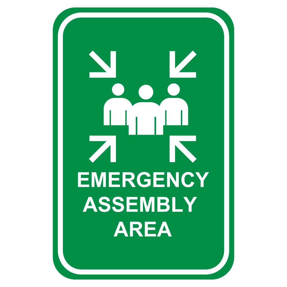 Green sign featuring white arrows pointing to 3 white graphics of people and white letters that say emergency assembly area