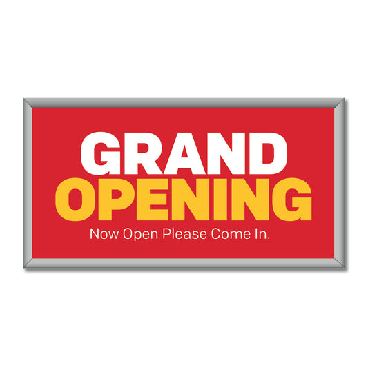 A red and yellow mini billboard insert with the text 'GRAND OPENING' and additional text that reads 'Now Open Please Come In.'.
