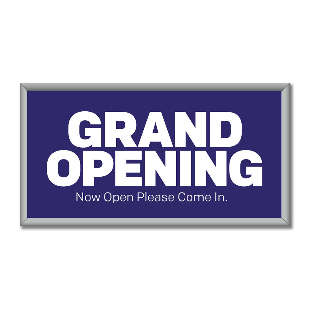 Blue rectangular sign with white text that reads 'GRAND OPENING NOW PLEASE COME IN'