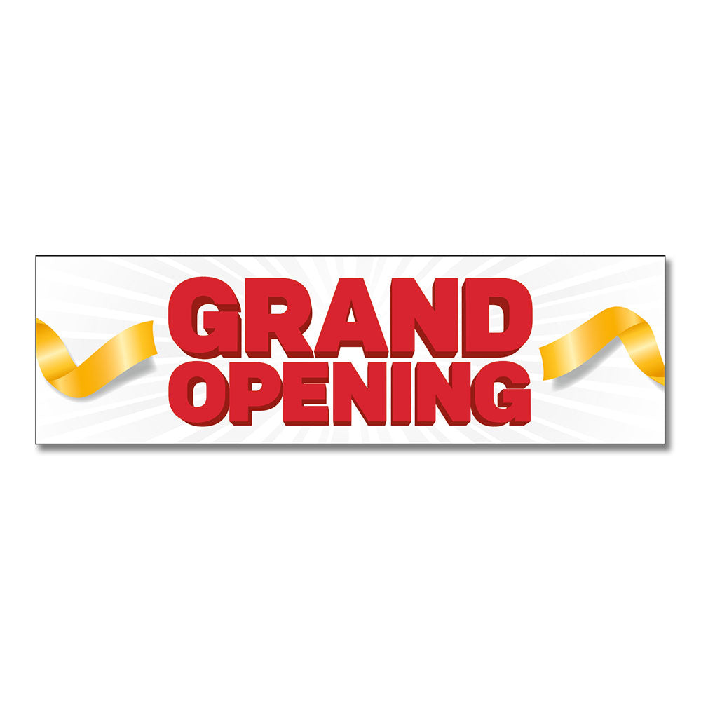 grand opening red leytters yellow ribbon white banner design white background 10 ft x 3 ft