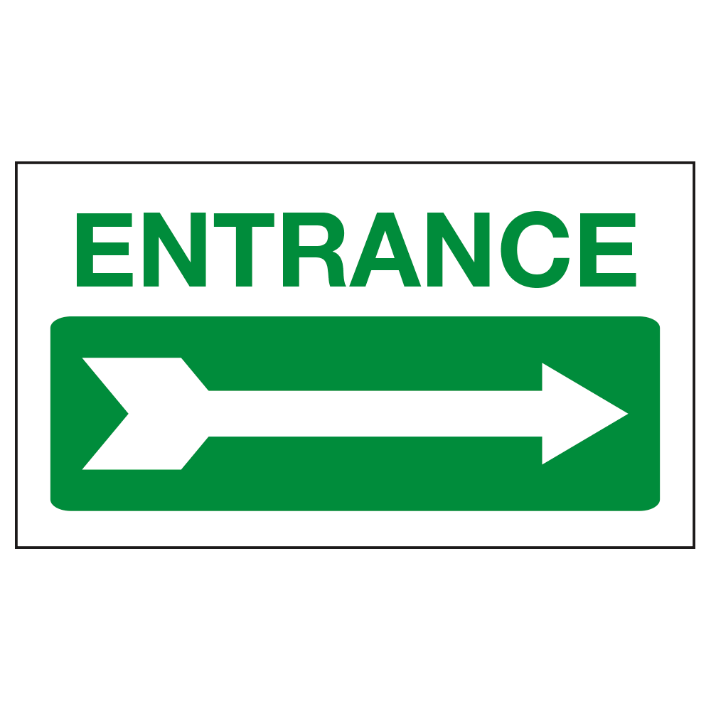 Green and white entrance with arrow pointing right sign