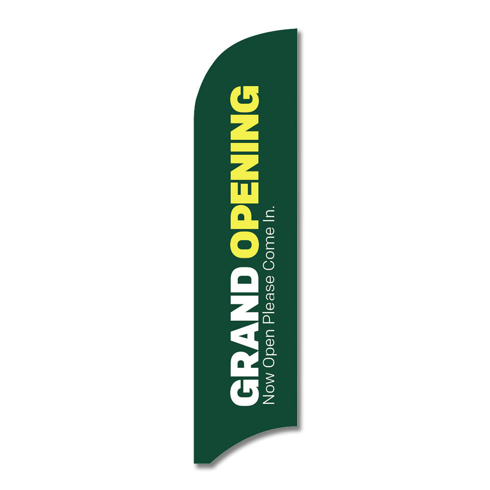 green, white, and yellow grand opening blade flag with white background