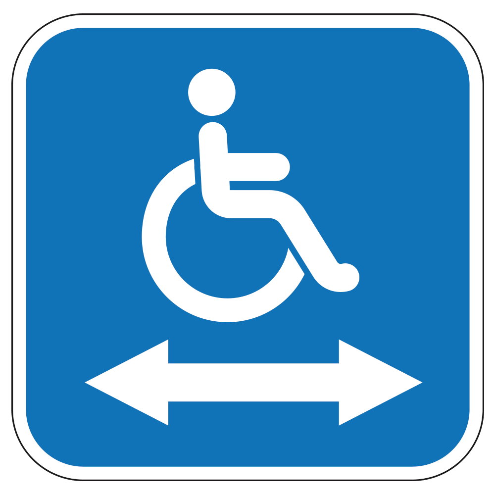 Blue and white handicap wheelchair with arrow pointing both ways design