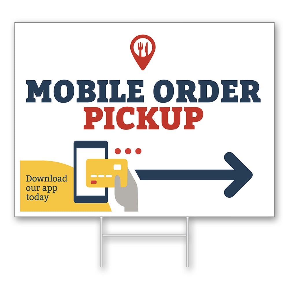 Red navy yellow and white mobile order pickup right arrow lawn sign