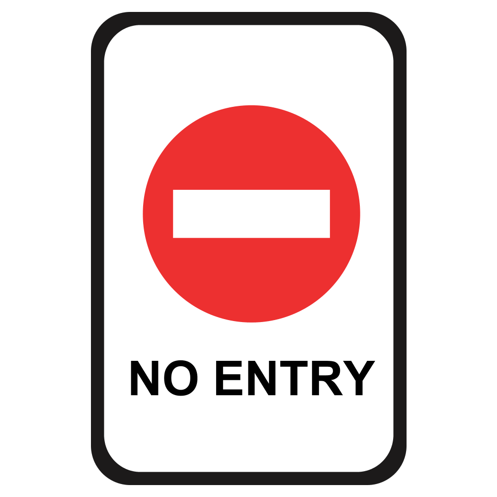 white rectangular sign with red prohibited symbol with black letters that say no entry