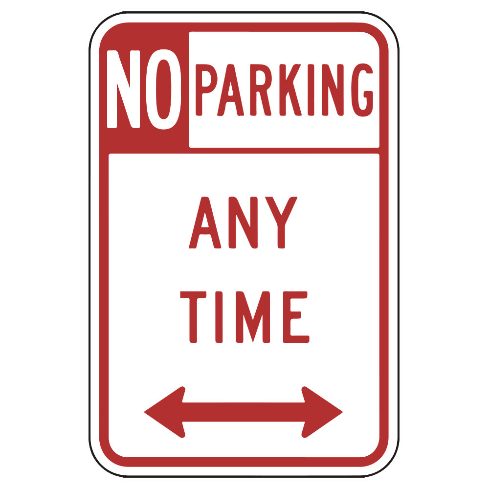 A rectangular parking sign with a red and white color scheme, indicating 'No Parking Anytime' with directional arrows pointing to the left and right.