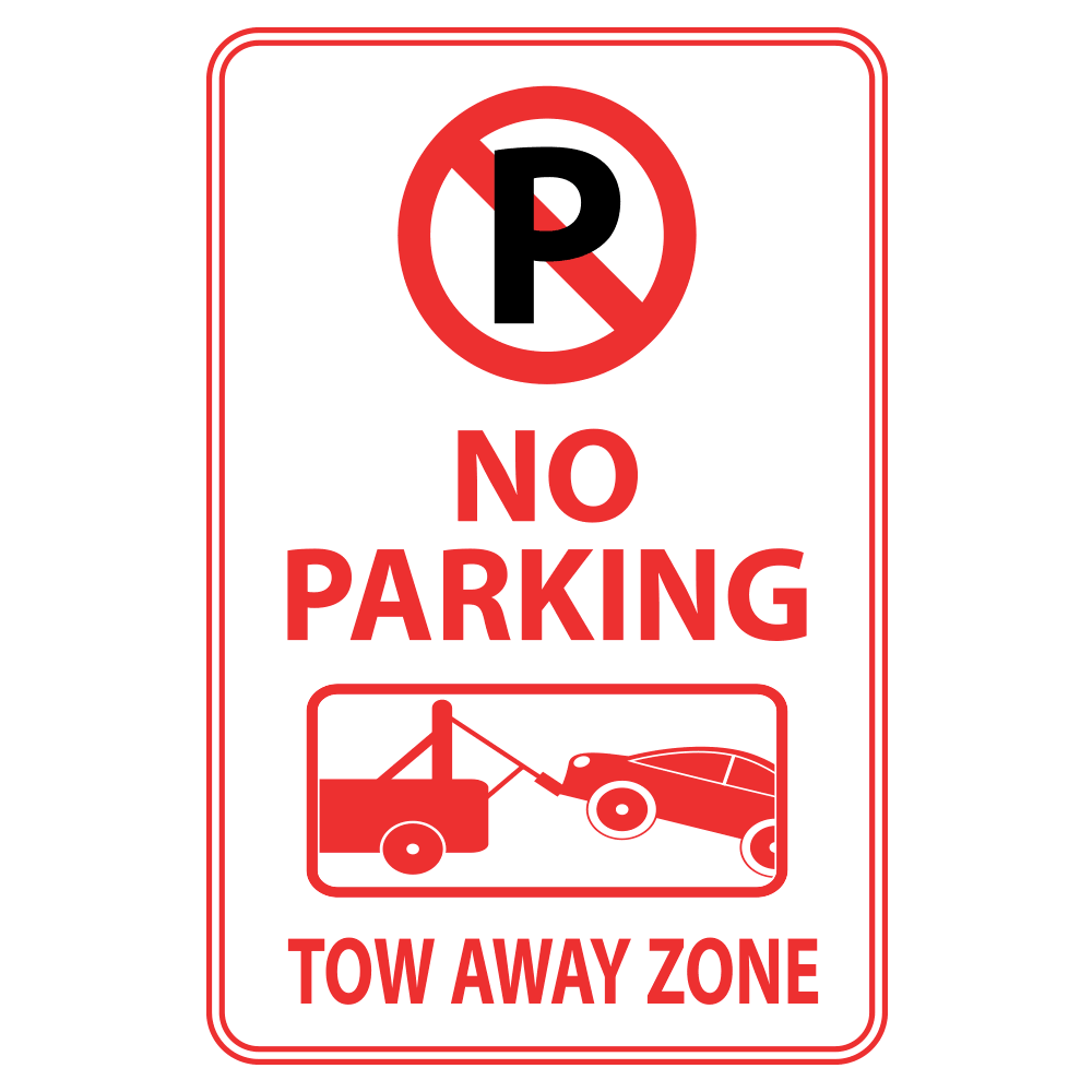 Red and white no parking tow away zone sign with image of car getting towed