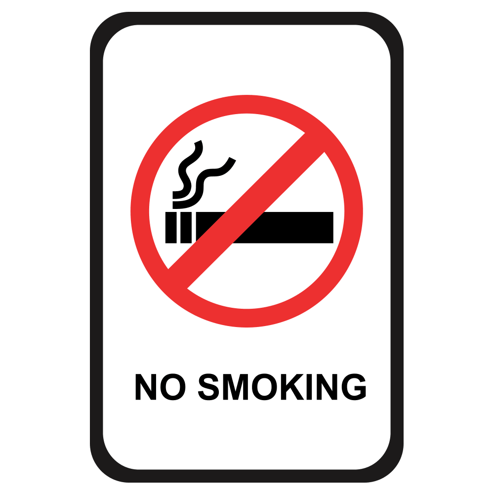 A rectangular sign with a red and blue border, featuring a no smoking symbol in the center and the text 'NO SMOKING' below it.