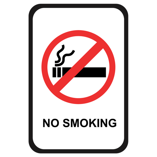 A rectangular sign with a red and blue border, featuring a no smoking symbol in the center and the text 'NO SMOKING' below it.
