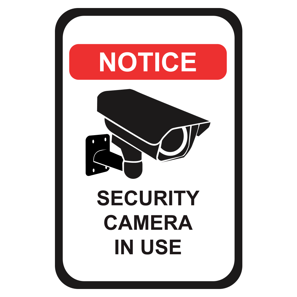Black white and red notice security camera in use sign