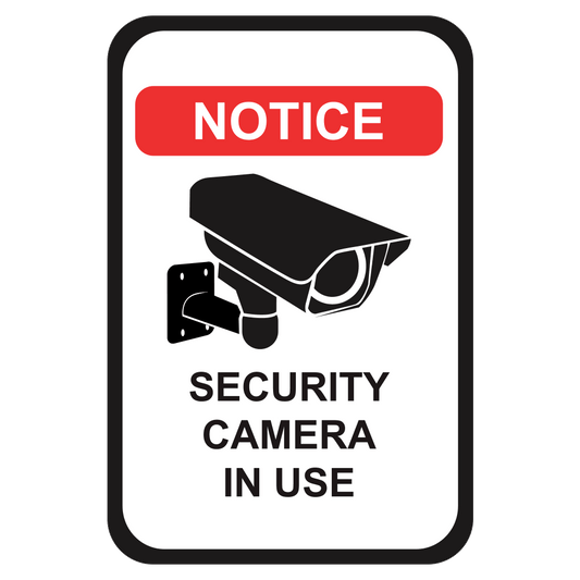Black white and red notice security camera in use sign