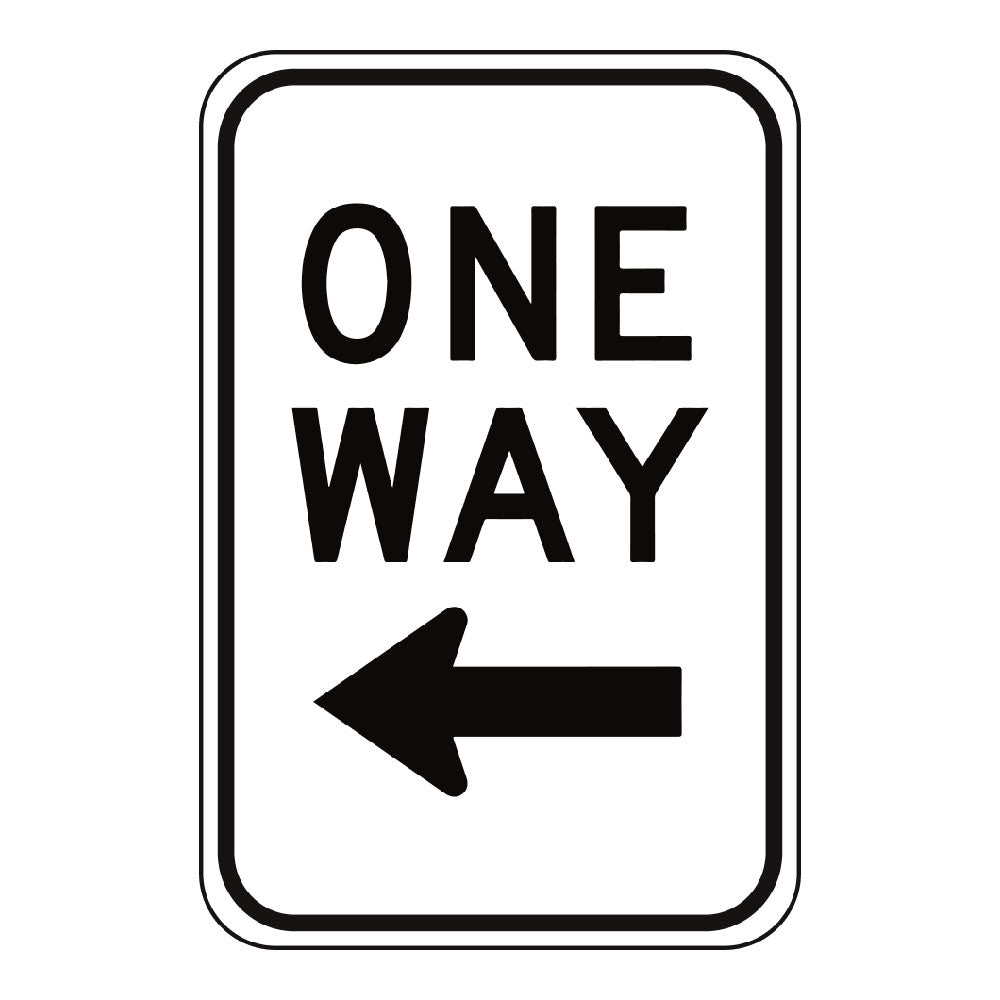 White rectangular sign with black letters 'ONE WAY' with black arrow pointing left with white background