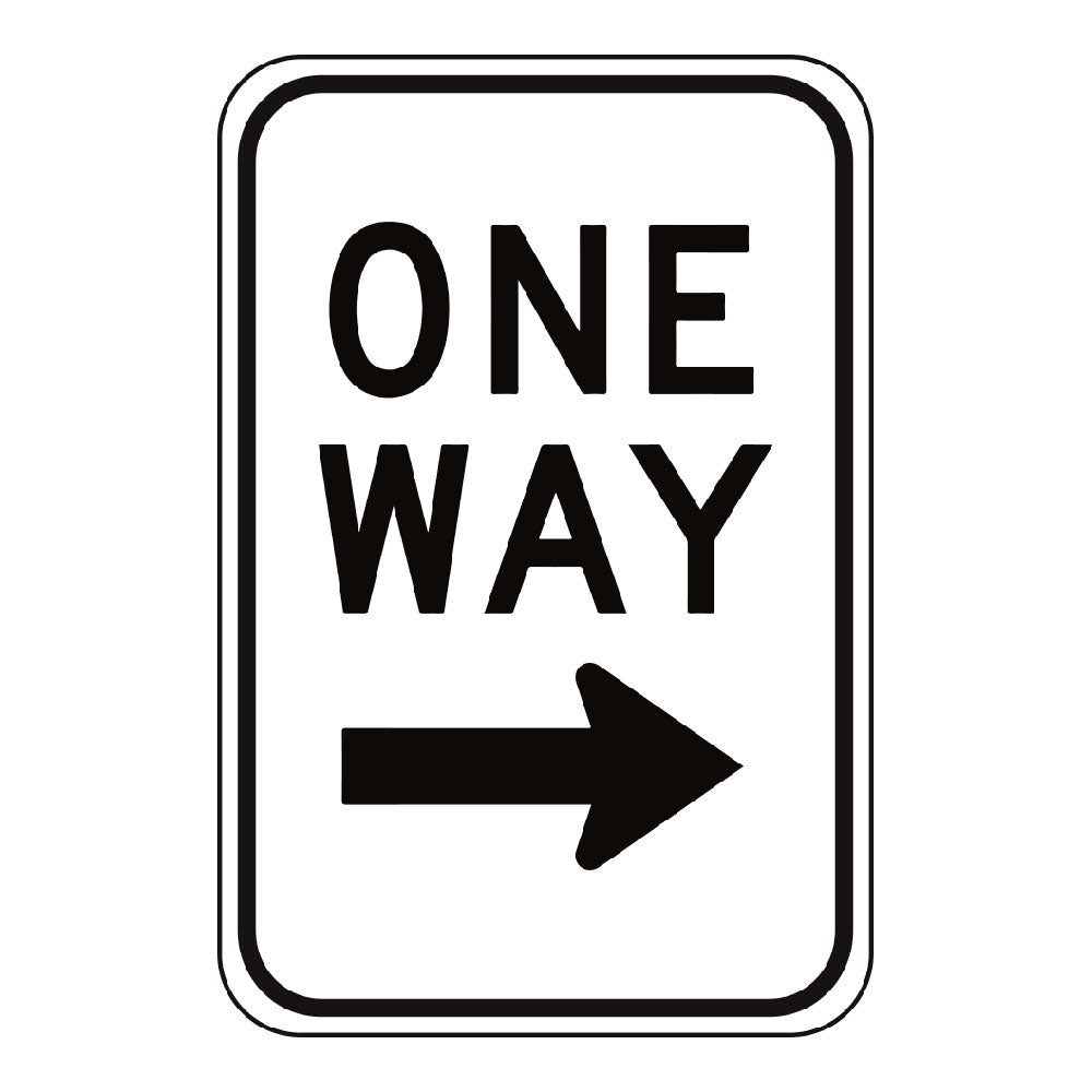 A white rectangular parking sign with a black right arrow symbol and the words 'One Way' printed in bold black letters.