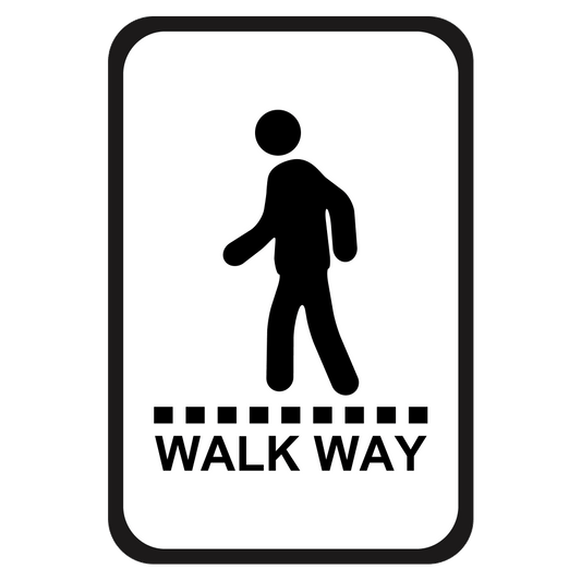 white sign with black letters that say walkway and figure of a person